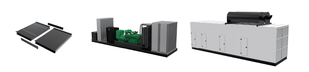 FlexEskid assembly stages — from base platform and framework to fully enclosed genset housing with integrated exhaust silencer.