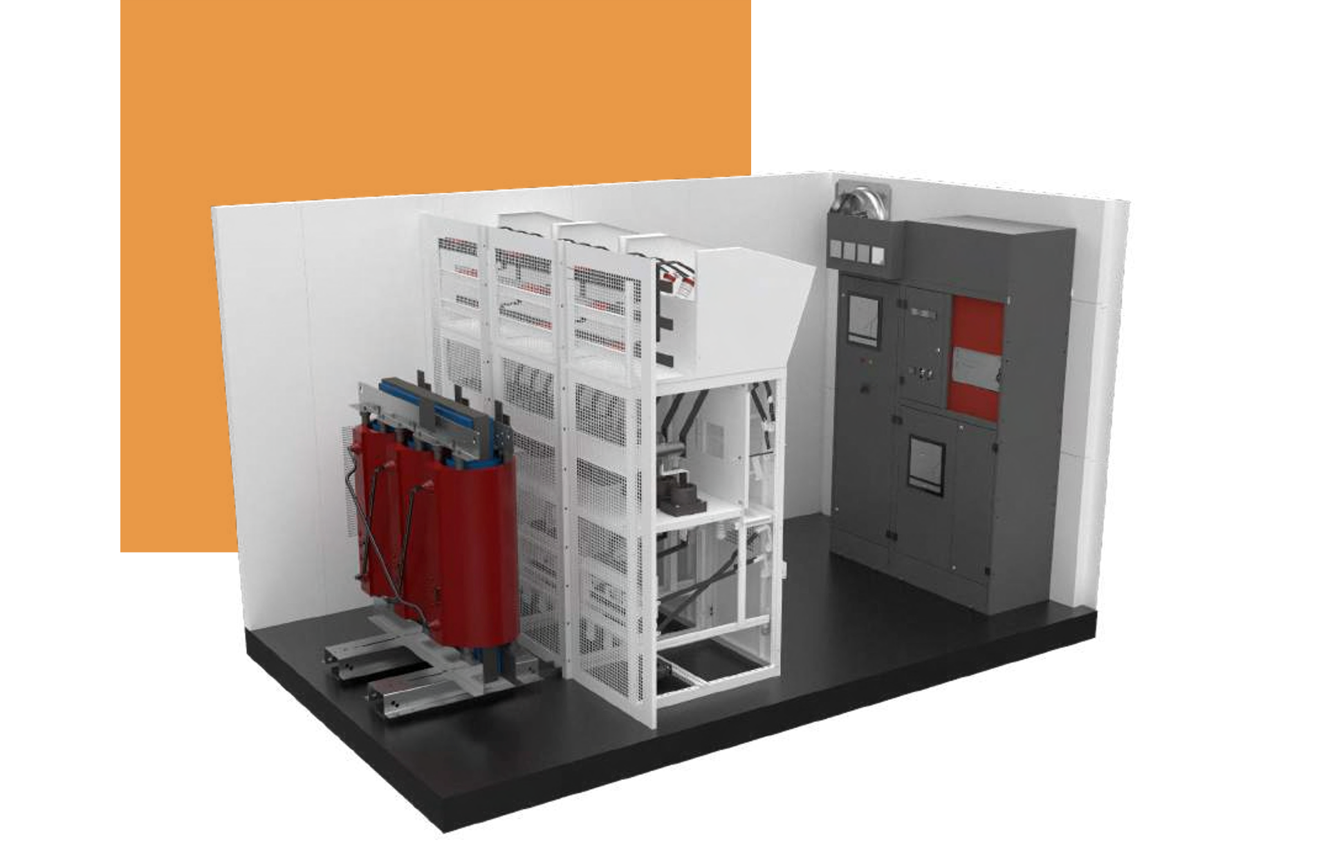 FlexEpod interior — MV switchgear, dry-type transformer and control panel arranged within the enclosure.