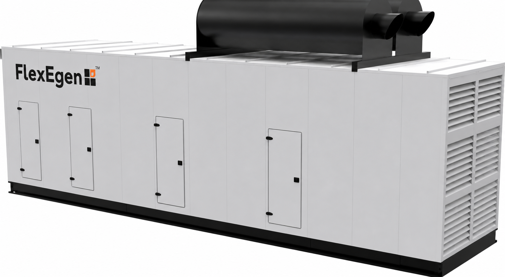 FlexEgen factory render — integrated silencer, exhaust stacks and access doors.