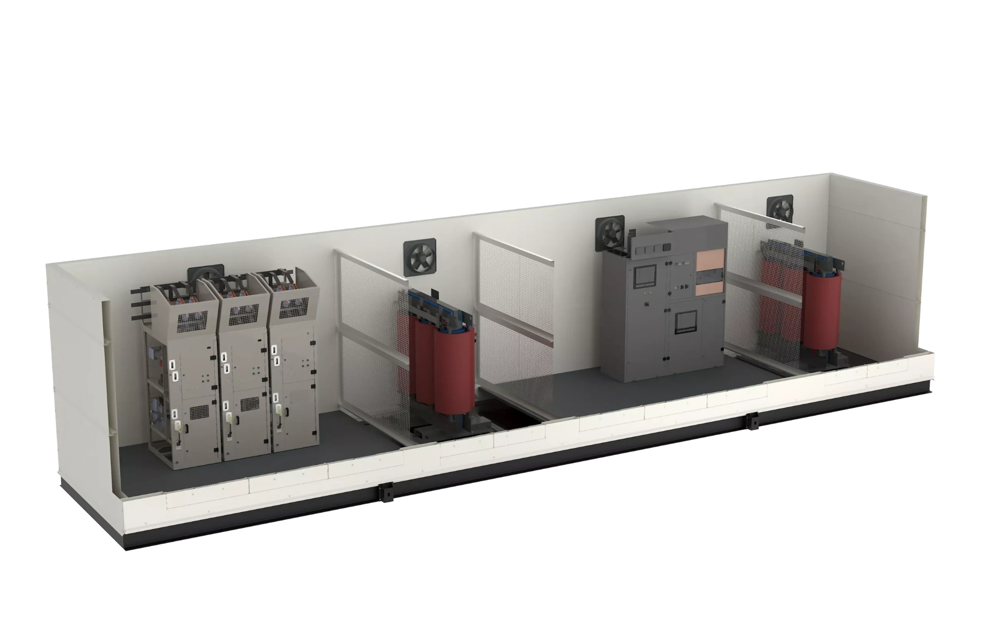 Cutaway view — MV switchgear, dry-type transformers, LV panel and forced ventilation integrated in a single walk-in enclosure.