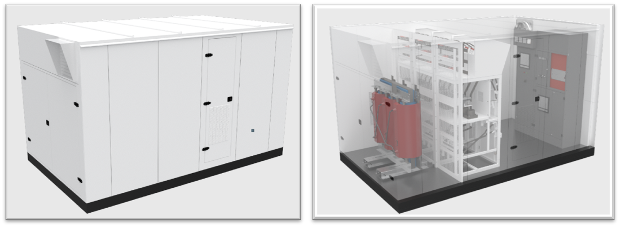 FlexEpod transparent cutaway — MV switchgear cubicles, dry-type transformer and LV panel visible inside the enclosure, showing internal layout and service access.
