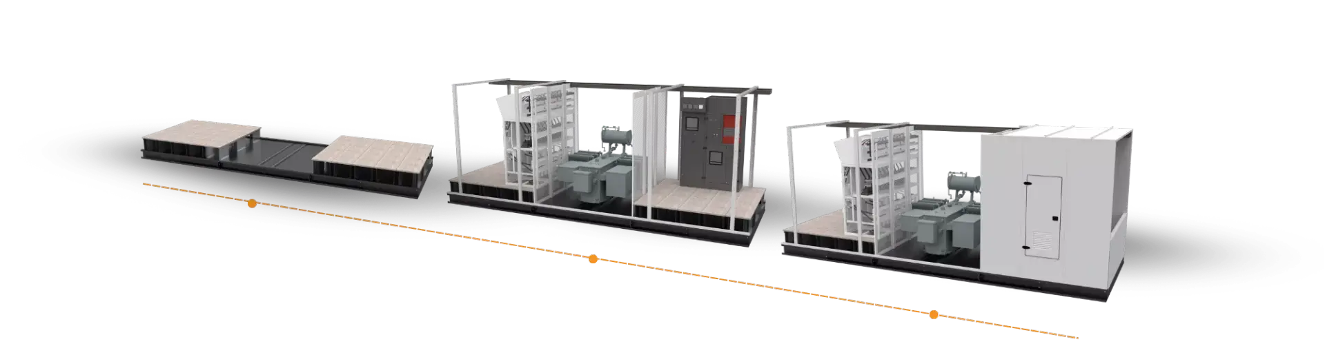 Modular assembly line — FlexeHouse skids built, equipped and tested in the factory before shipment.