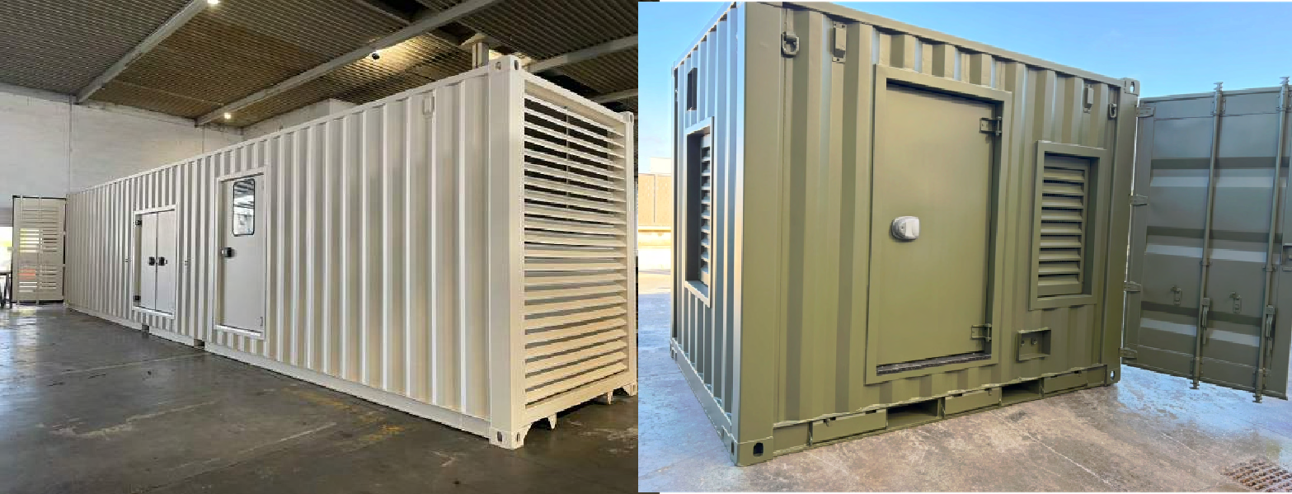 FlexEstack variants — long-format white and compact olive units showing access and ventilation detail.