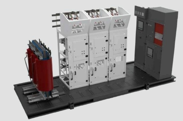 FlexEpod equipment layout — MV switchgear cubicles, dry-type transformer and control panel on a modular skid base.