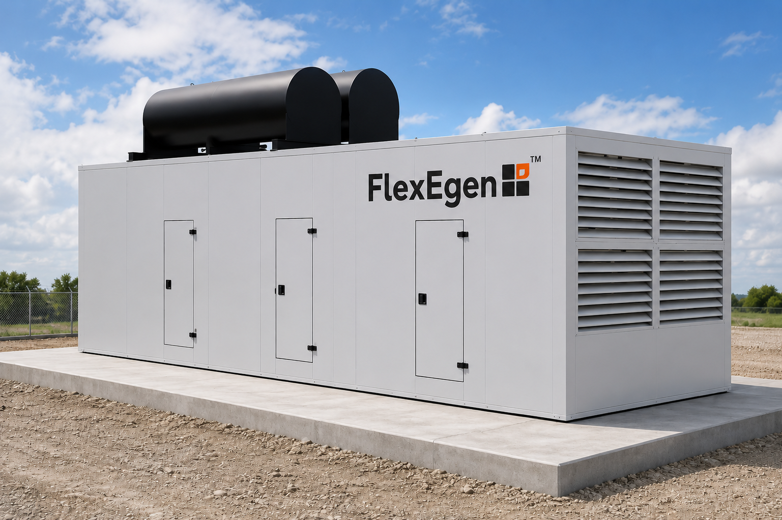 FlexEgen with integrated bulk fuel tank and side-mounted attenuator wall.
