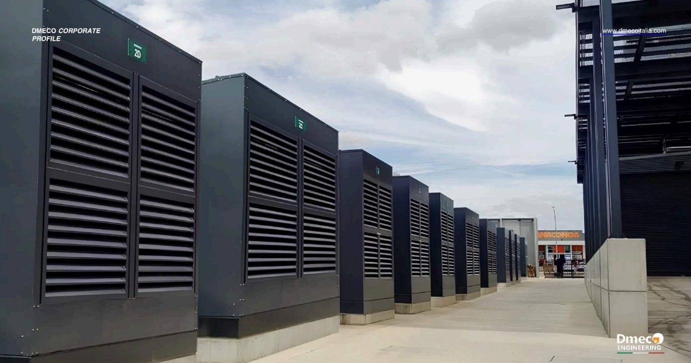 Row of Dmeco generator acoustic enclosures at a facility