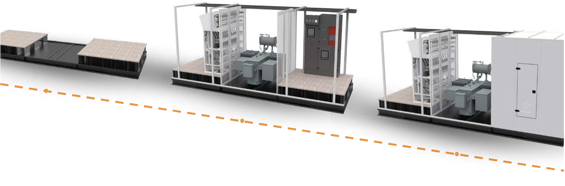 FlexeHouse assembly stages — from base platform and framework to fully enclosed walk-in switchgear housing.