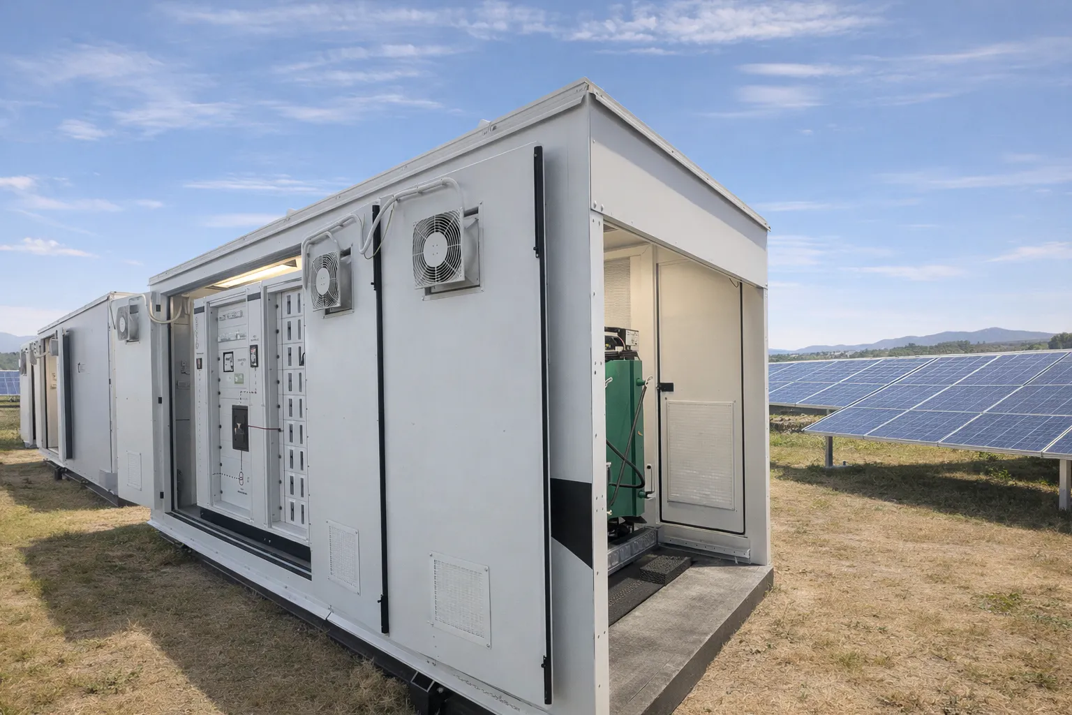 FlexEpod at a solar farm — modular switchgear enclosure with solar arrays in the background.