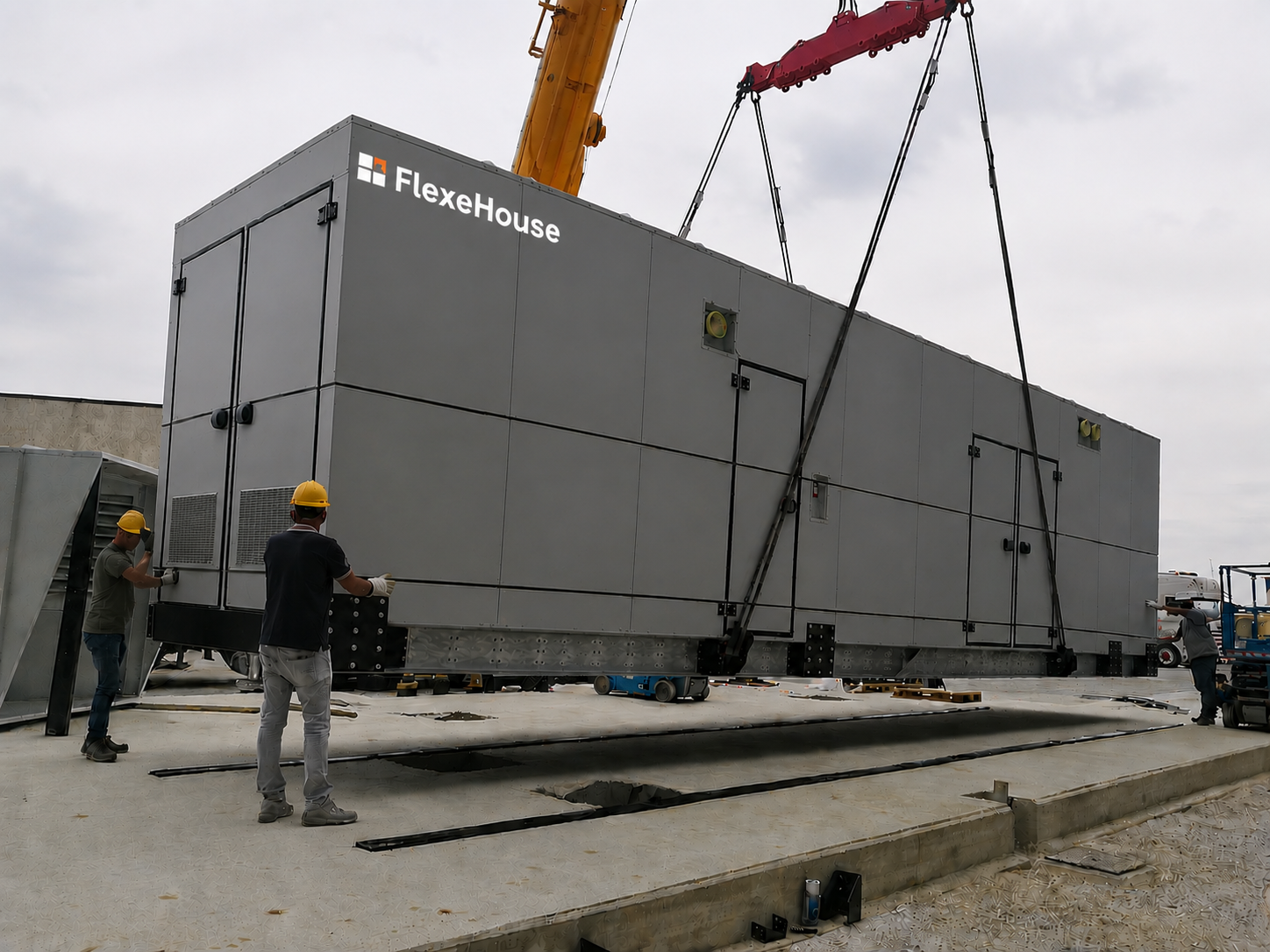 FlexeHouse craned into position — engineered for single-lift installation.