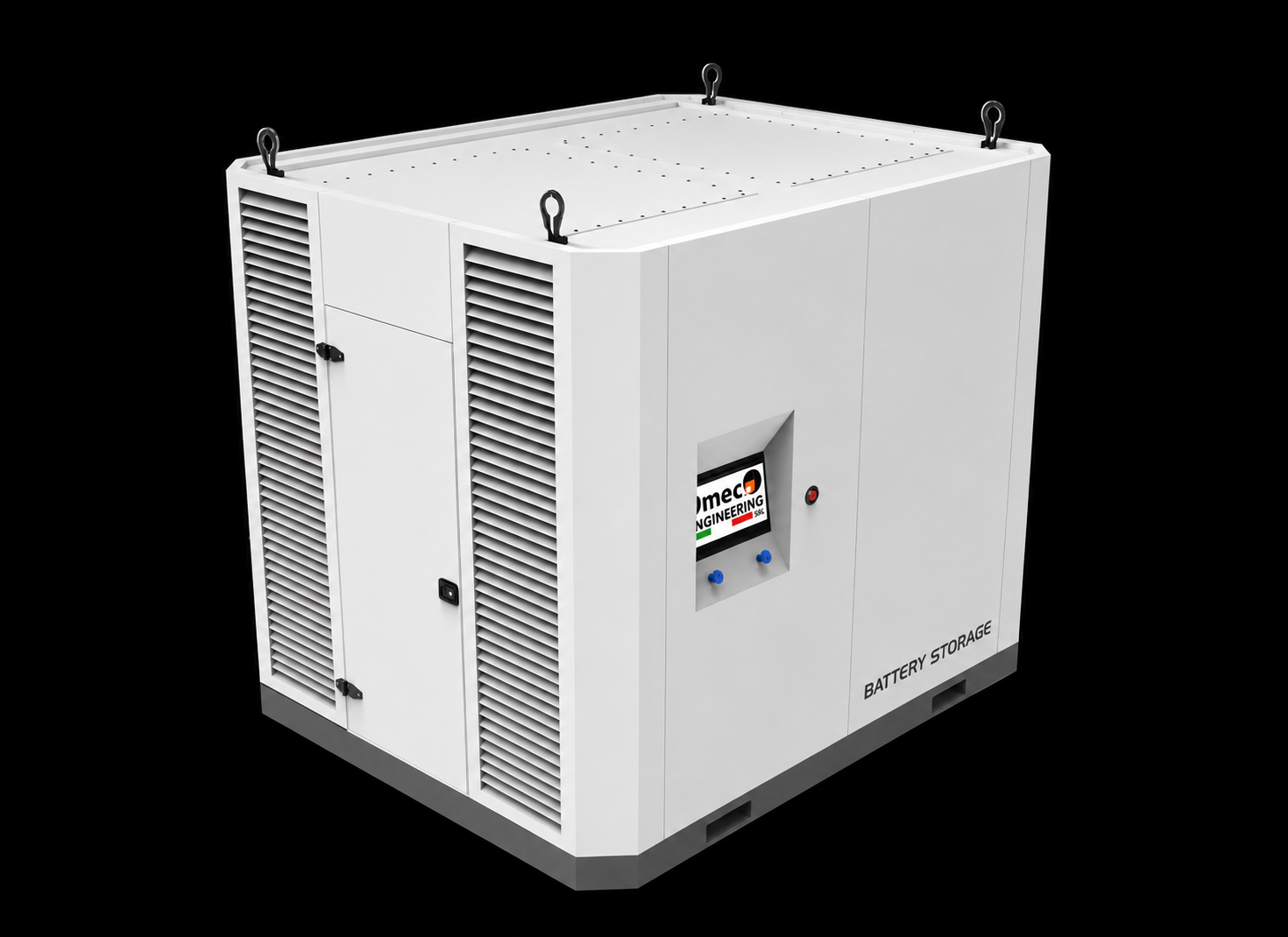 FlexEpod battery storage enclosure — compact outdoor unit with forced ventilation and integrated control panel.