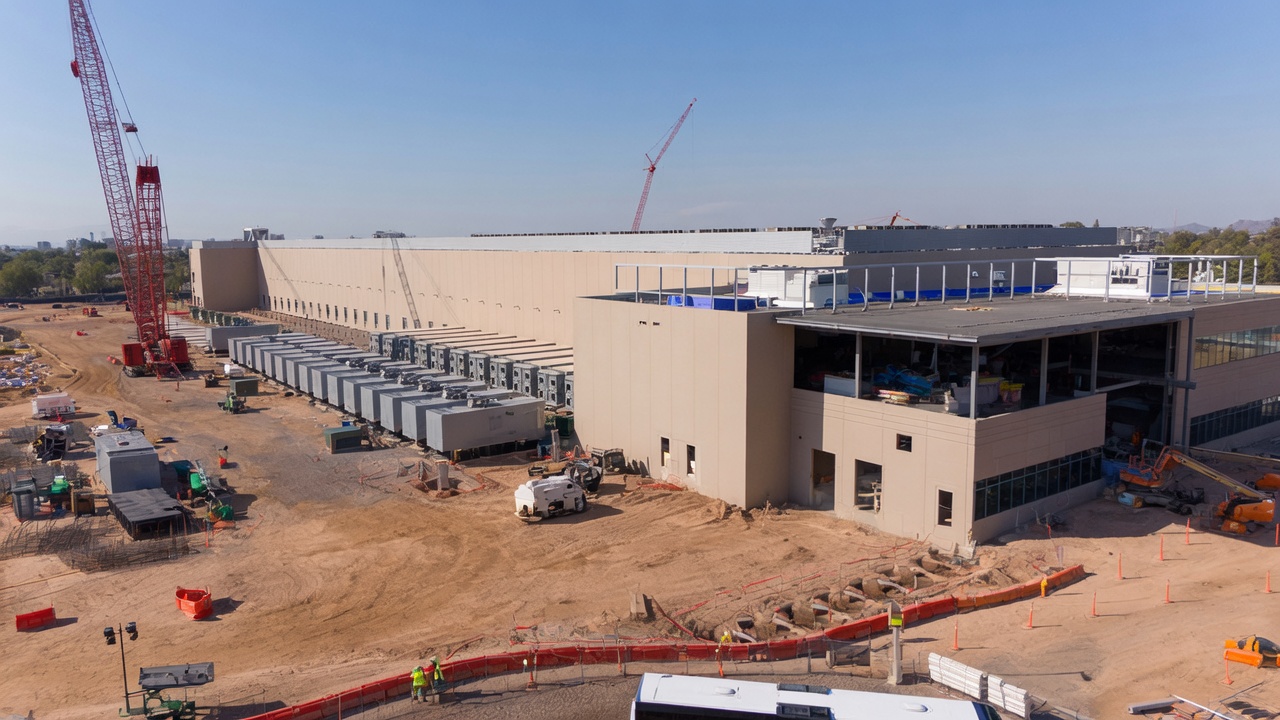 Dmeco data centre project — rows of switchgear enclosures and power modules during construction