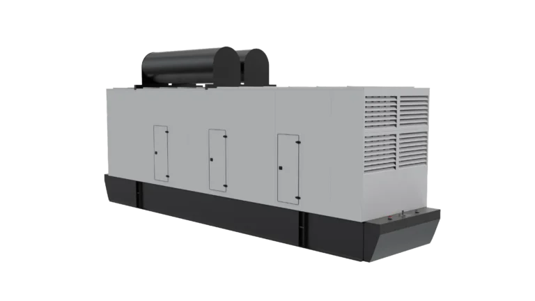 FlexEskid with integrated bulk fuel tank — acoustic genset enclosure with rooftop diesel storage tank, access doors and ventilation louvres on a structural skid base.