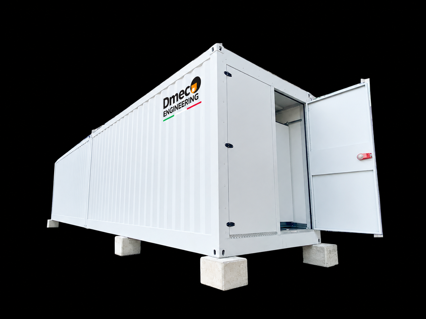 FlexEstack container enclosure on concrete blocks — Dmeco Engineering branded ISO unit with open service doors.